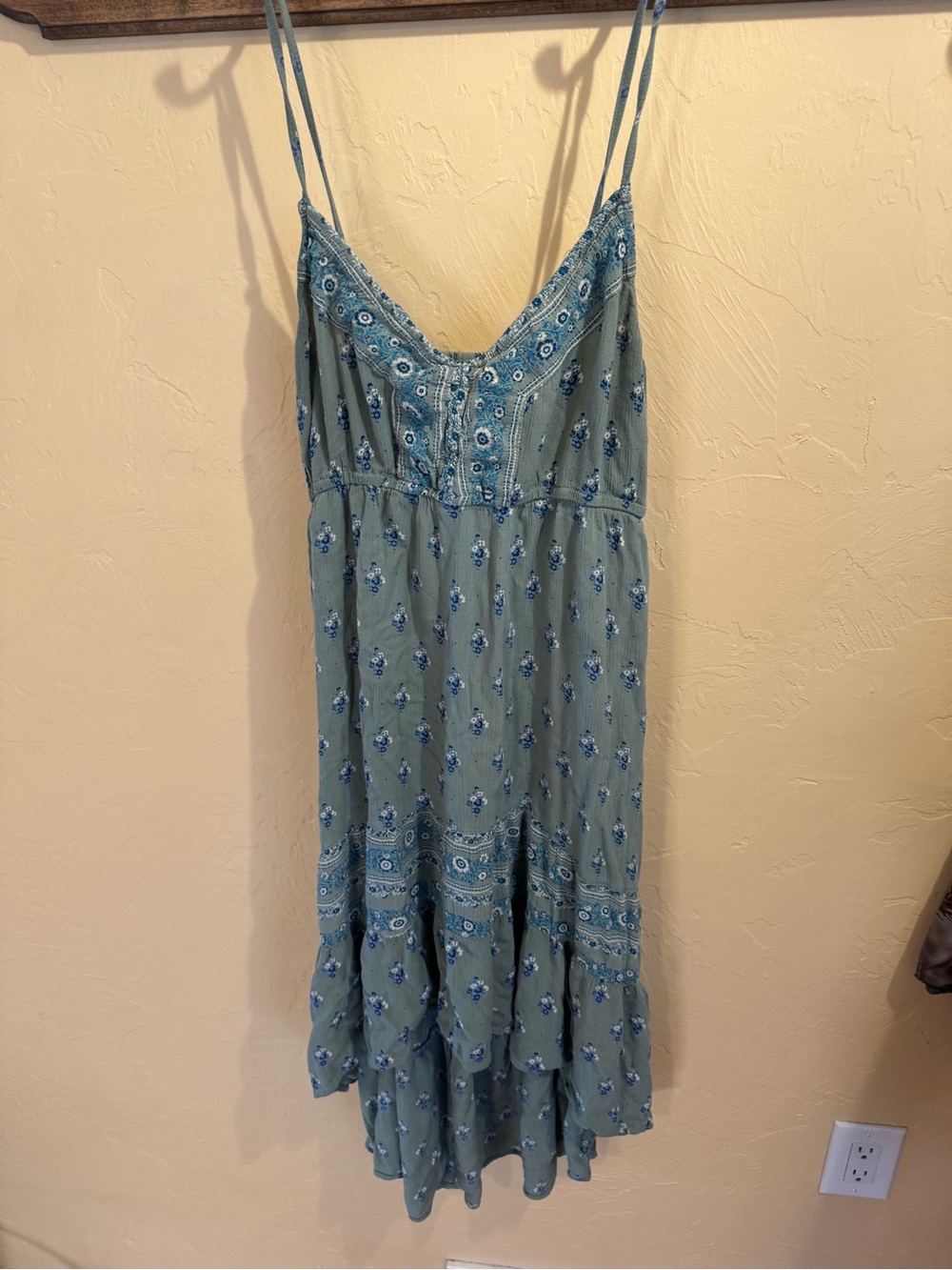 Angie Sage Green Floral Spaghetti-Strap Maxi Dress with Blue Accents